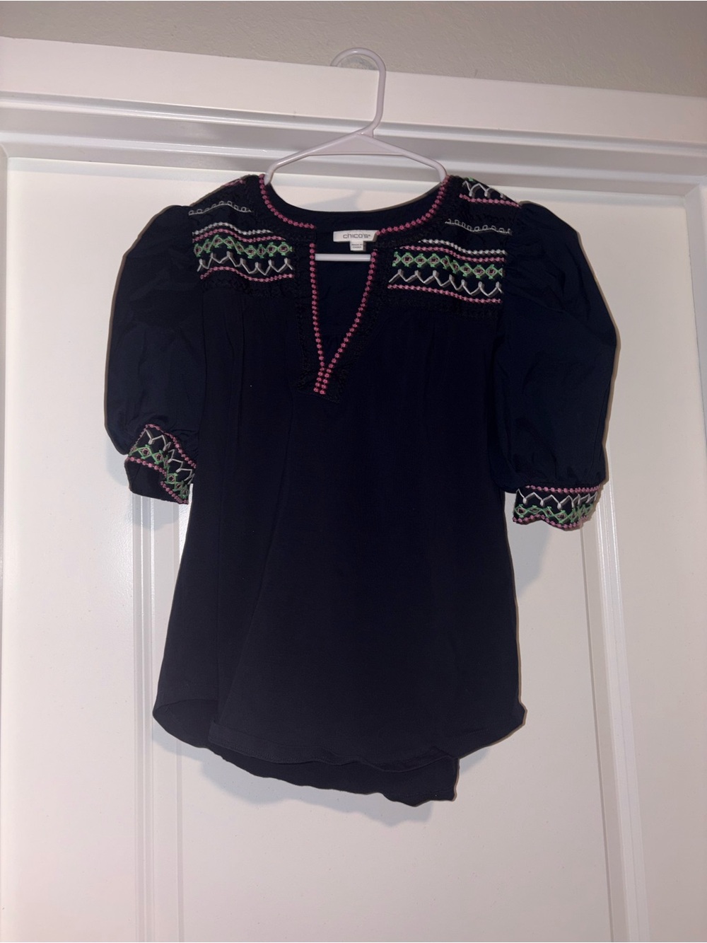 Chico's Navy Embroidered Puff-Sleeve Blouse